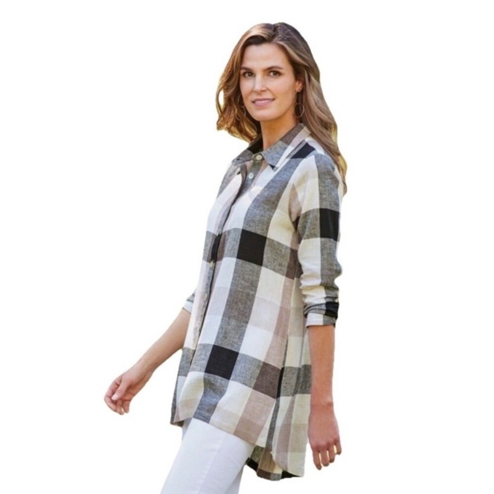 Soft Surroundings Linen Blend Buffalo Plaid High Low Tunic Top Black Taupe S